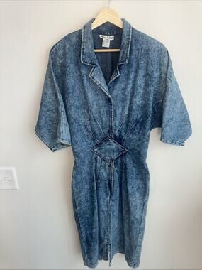 Mizz Lizz Vintage Denim Dress 80’s Blue Pleated Jean Doleman Sleeve Cinched Wais